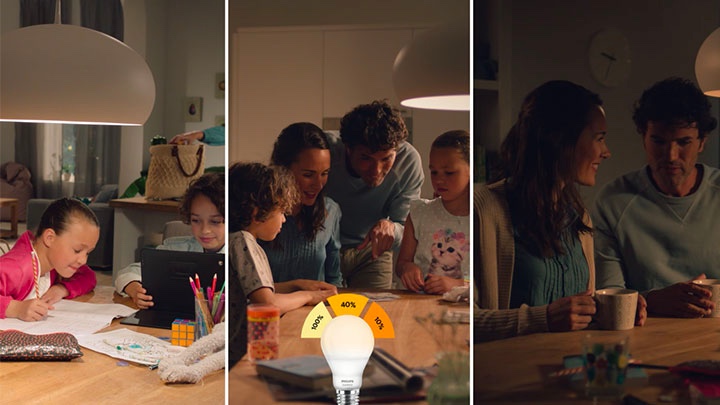 Les trois scénarios d'ambiances lumineuses de l'ampoule LED SceneSwitch Philips sur une image