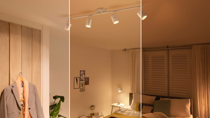 Drie verschillende lichtinstellingen voor één kamer, met elk een eigen type verlichting.