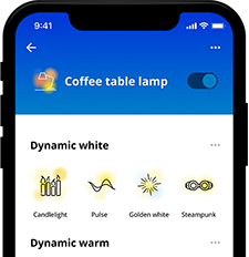 "WiZ-app-interface voor LED-lampen, met voorinstellingen voor dynamisch wit en warm licht voor aanpasbare woningverlichting."