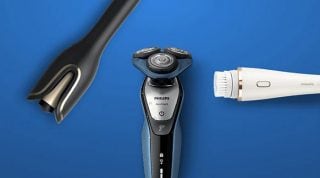 "Appareils de soins Philips sur fond bleu : rasoir électrique, tondeuse à barbe et brosse nettoyante pour le visage pour les soins personnels des hommes."