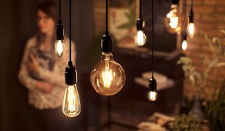 "Des ampoules à filament LED de style vintage aux formes variées illuminent la salle à manger, créant une ambiance chaleureuse et présentant des solutions d'éclairage décoratives et économes en énergie pour les intérieurs de Habitat modernes. »